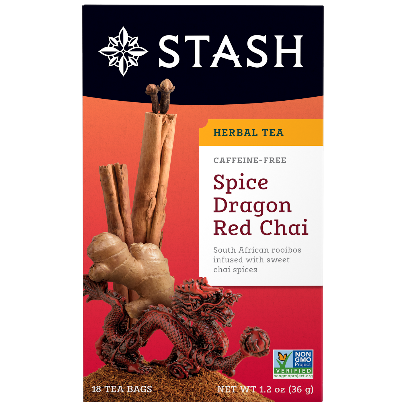 Stash Spice Dragon Red Chai tea package with dragon figurine on a red background