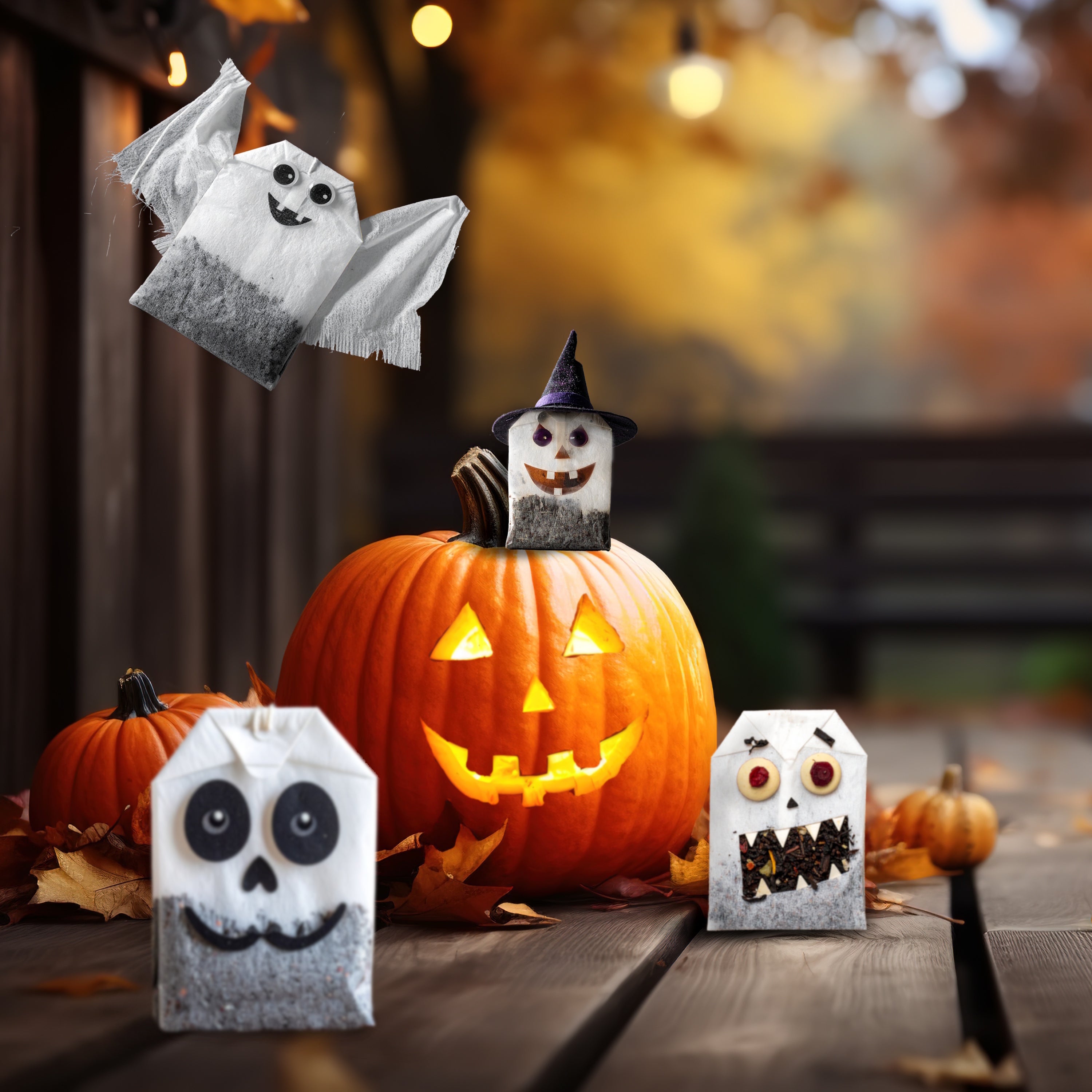 Seasonal themed teas the bags dressed in Halloween costumes