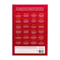 The back of a red tea box showing a grid of flavor options with English descriptions and images, plus a small section of ingredients and a barcode at the bottom.