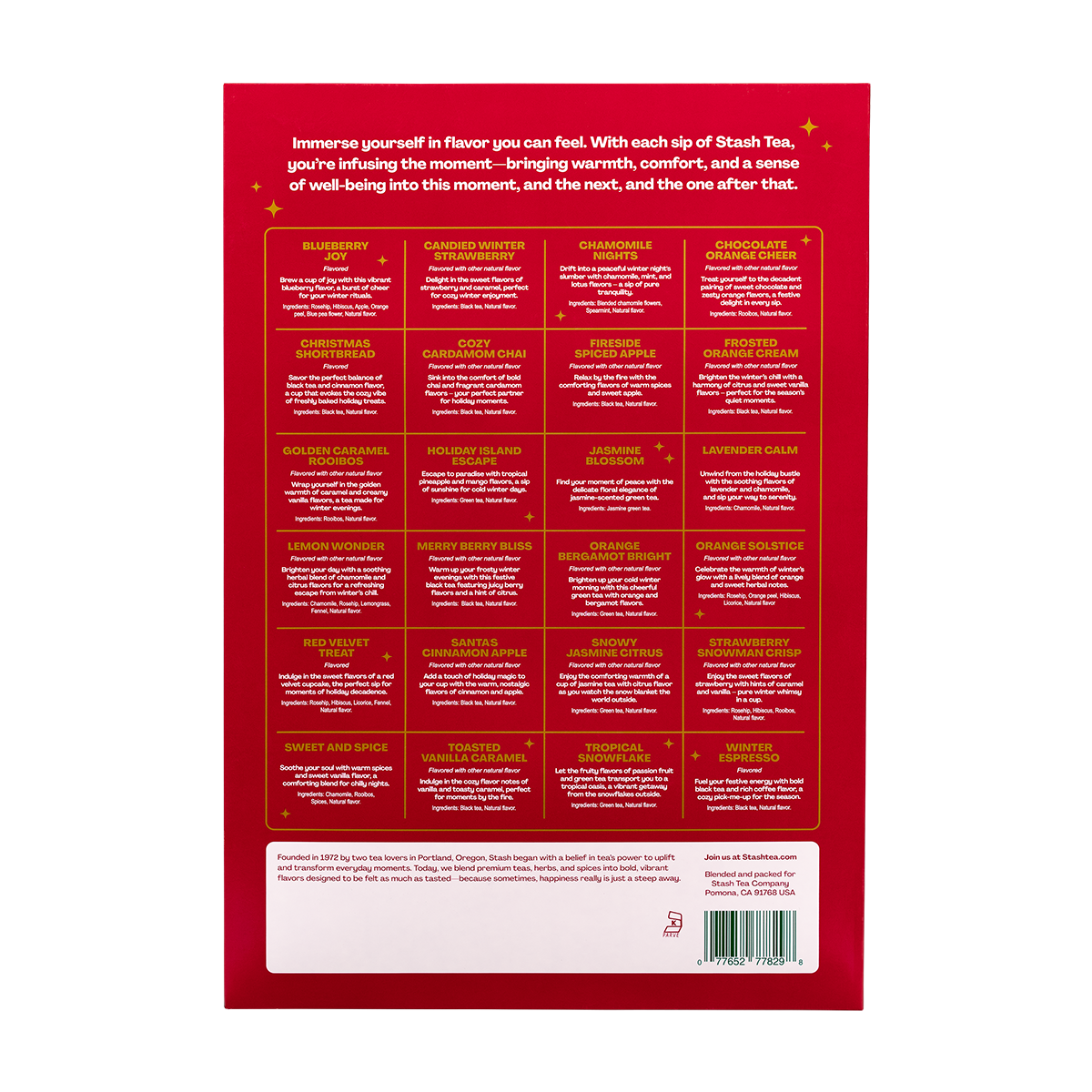 The back of a red tea box showing a grid of flavor options with English descriptions and images, plus a small section of ingredients and a barcode at the bottom.