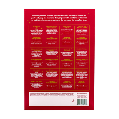 The back of a red tea box showing a grid of flavor options with English descriptions and images, plus a small section of ingredients and a barcode at the bottom.