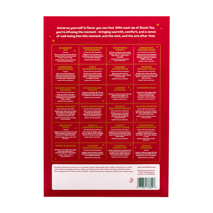 The back of a red tea box showing a grid of flavor options with English descriptions and images, plus a small section of ingredients and a barcode at the bottom.
