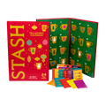 Stash Tea Advent Calendar with 24 tea bags, showing the red outer box, the green numbered advent calendar panel, and several colorful individual tea bag packets in front on a white background.