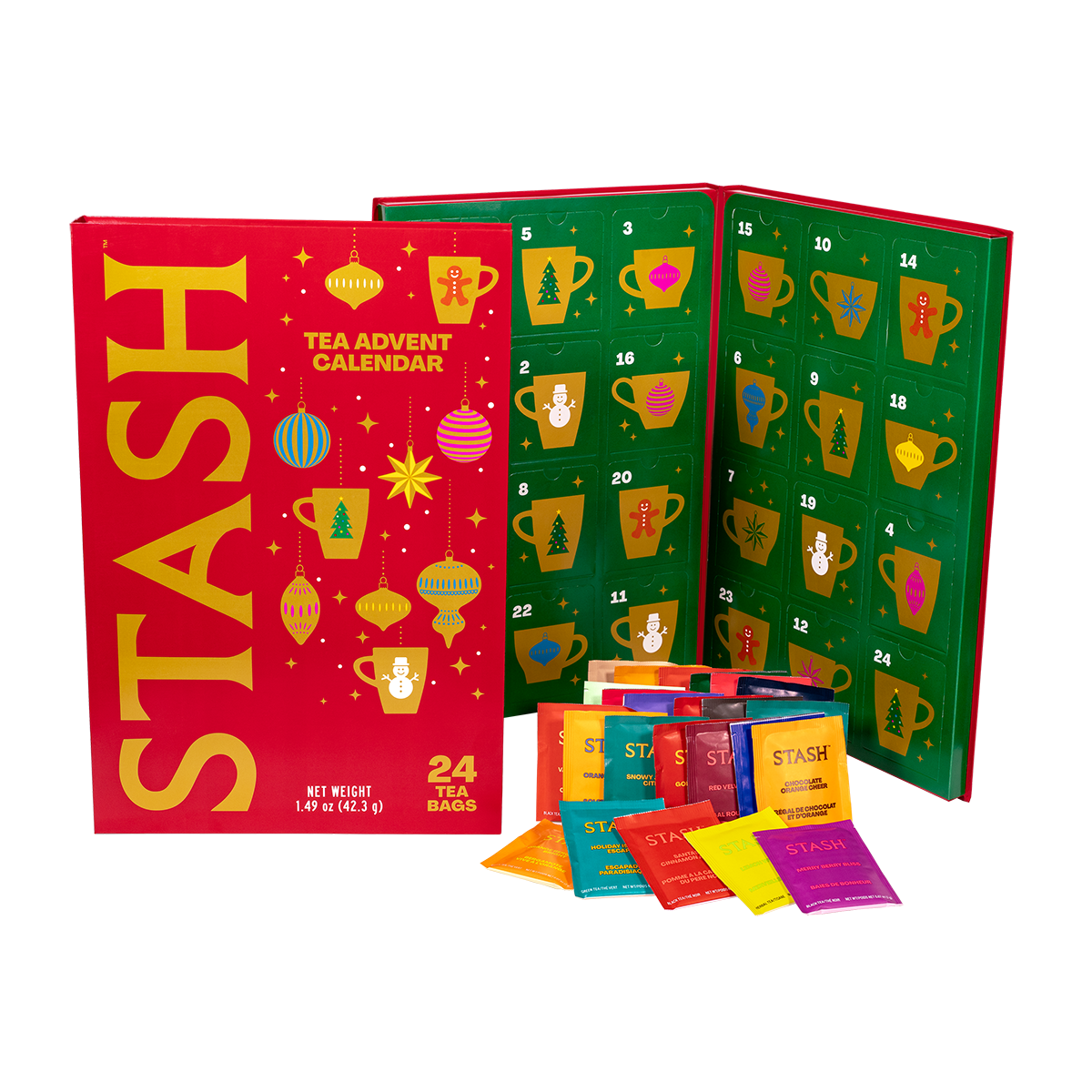 Stash Tea Advent Calendar with 24 tea bags, showing the red outer box, the green numbered advent calendar panel, and several colorful individual tea bag packets in front on a white background.