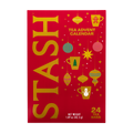 A red tea advent calendar box with large gold 'STASH' lettering and illustrated holiday ornaments, stars, mugs, and a snowman. Text on the package reads 'TEA ADVENT CALENDAR' and '24 TEA BAGS'.