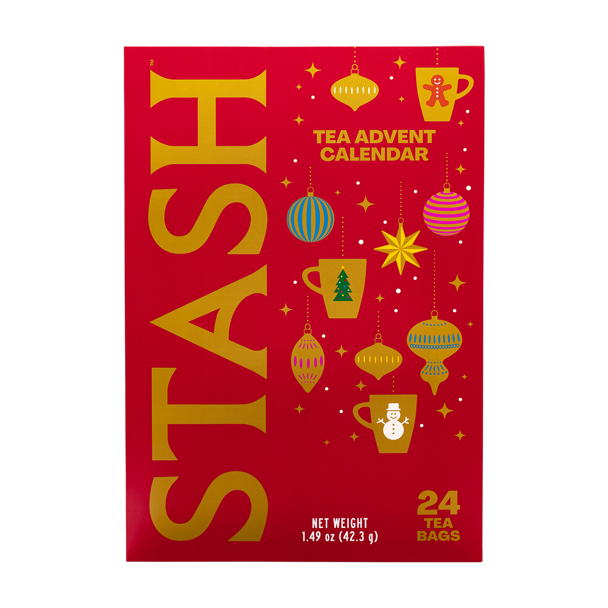 A red tea advent calendar box with large gold 'STASH' lettering and illustrated holiday ornaments, stars, mugs, and a snowman. Text on the package reads 'TEA ADVENT CALENDAR' and '24 TEA BAGS'.