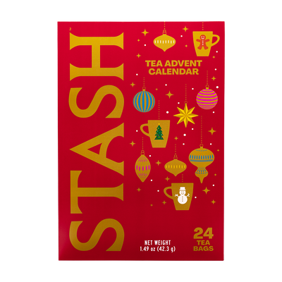 A red tea advent calendar box with large gold 'STASH' lettering and illustrated holiday ornaments, stars, mugs, and a snowman. Text on the package reads 'TEA ADVENT CALENDAR' and '24 TEA BAGS'.