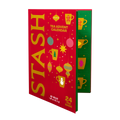 A Stash tea advent calendar box shown on a plain white background. The front is bright red with large gold 'STASH' lettering and festive illustrated ornaments and stars.