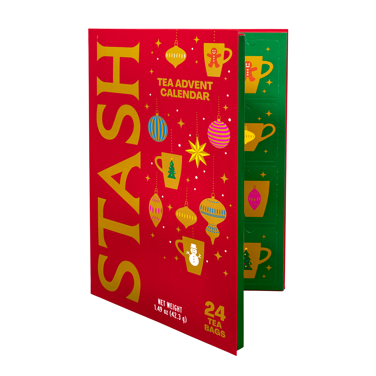 A Stash tea advent calendar box shown on a plain white background. The front is bright red with large gold 'STASH' lettering and festive illustrated ornaments and stars.