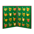 An open advent calendar with 24 numbered green panels, each decorated with a colorful holiday mug illustration and a red spine.