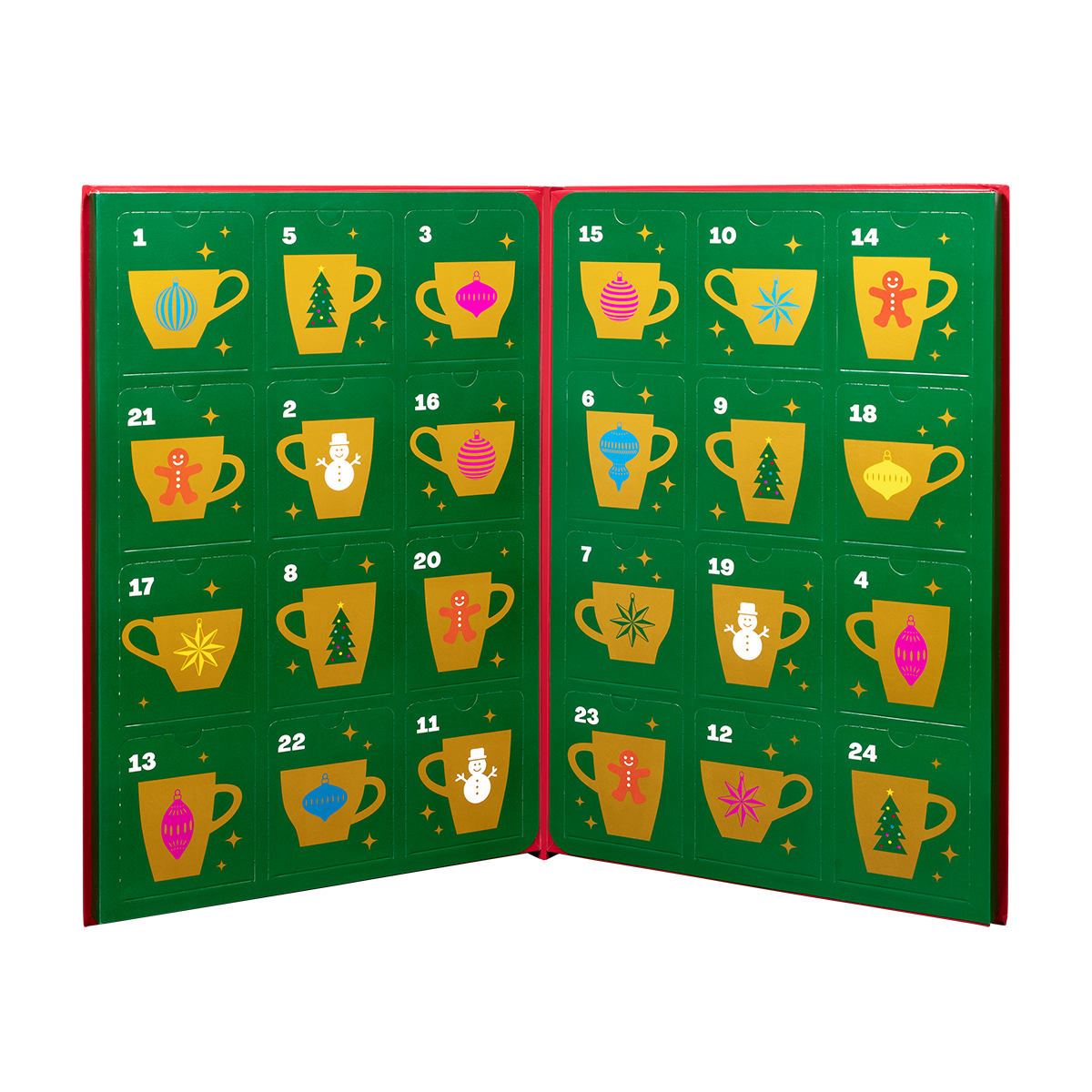 An open advent calendar with 24 numbered green panels, each decorated with a colorful holiday mug illustration and a red spine.