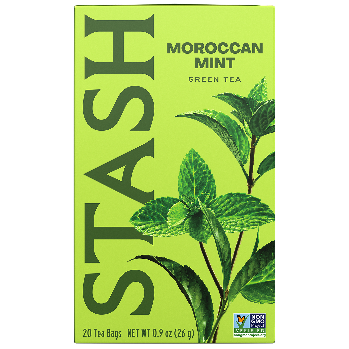 Stash Moroccan Mint Green Tea box with green leaves front view of packaging