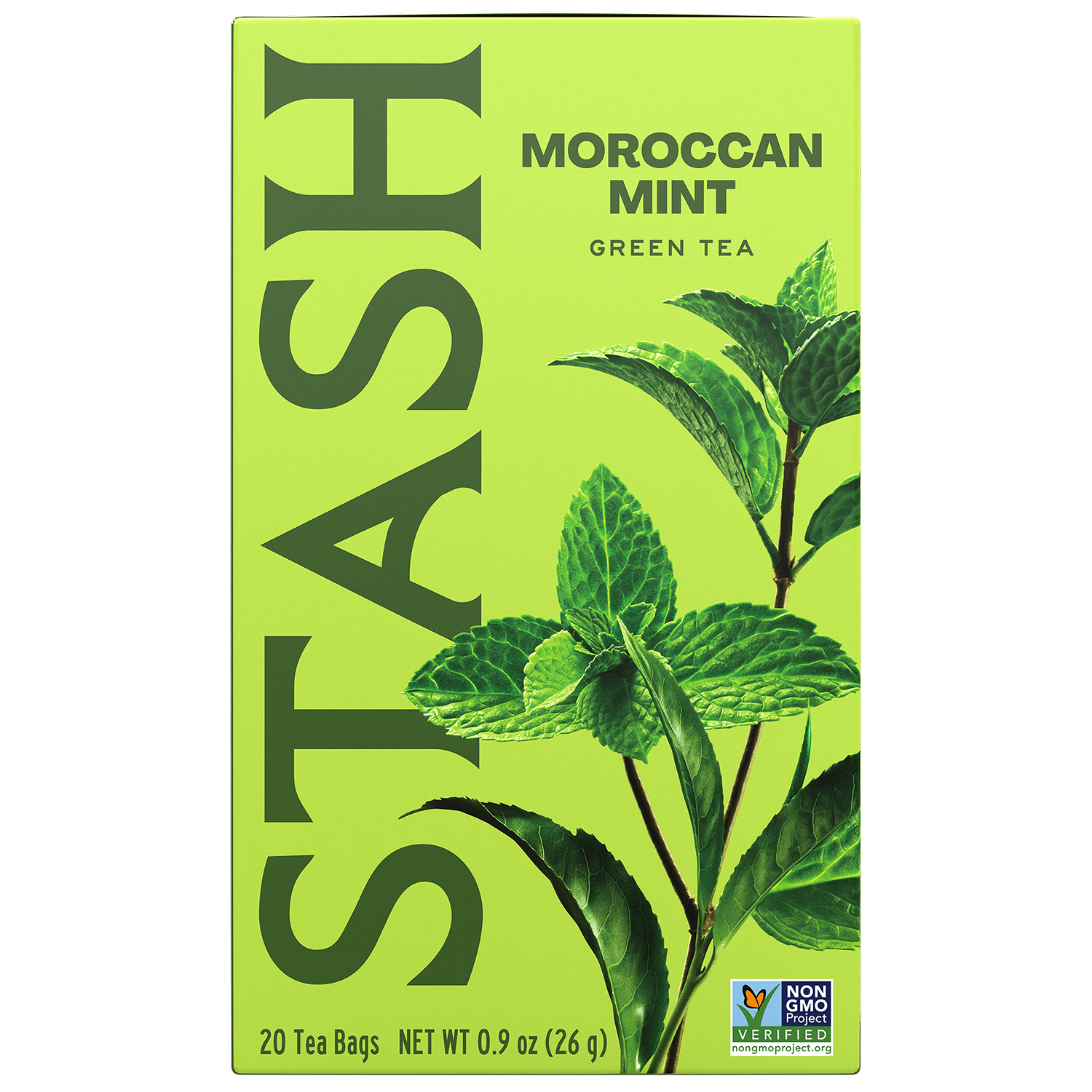 Stash Moroccan Mint Green Tea box with green leaves front view of packaging