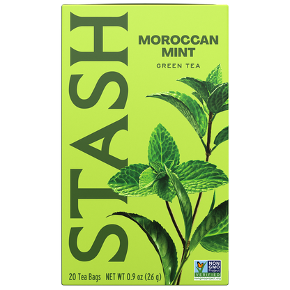 Stash Moroccan Mint Green Tea box with green leaves front view of packaging