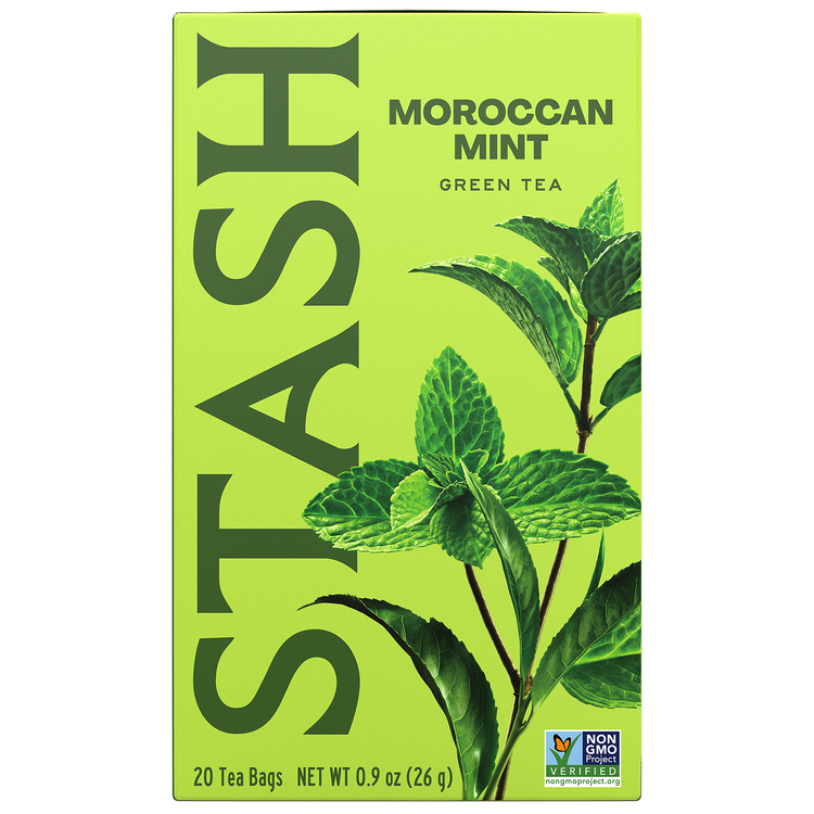 Stash Moroccan Mint Green Tea box with green leaves front view of packaging