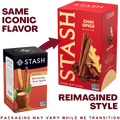 A promotional comparison graphic for Stash chai spice tea boxes. On the left, a smaller Stash Warming Chai Spice box is shown with text reading 'SAME ICONIC FLAVOR.