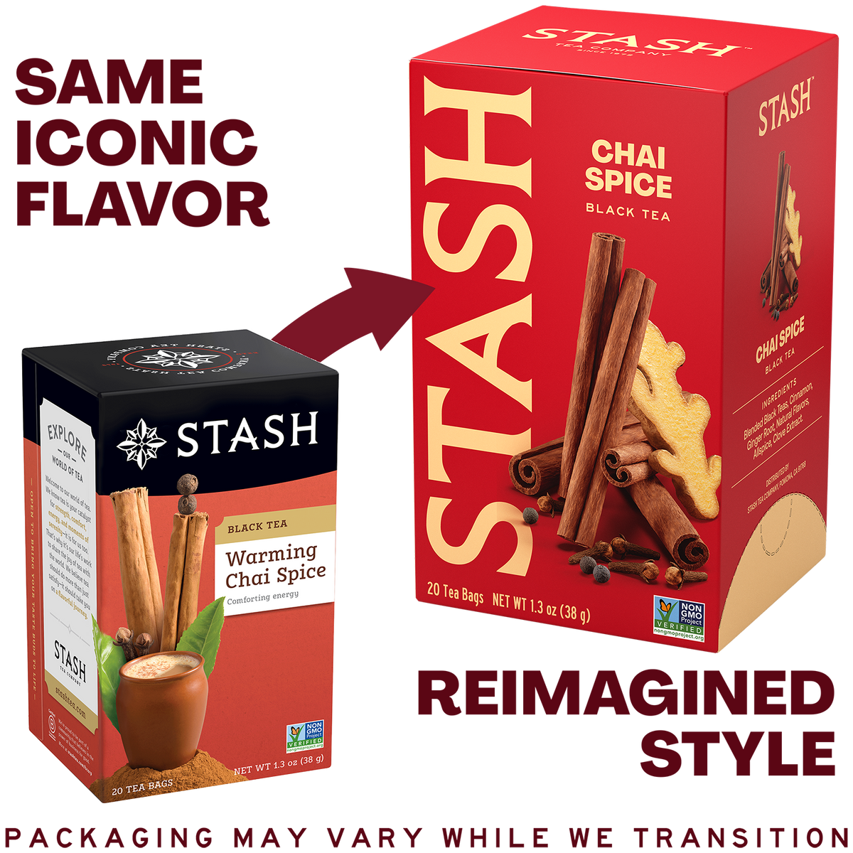 A promotional comparison graphic for Stash chai spice tea boxes. On the left, a smaller Stash Warming Chai Spice box is shown with text reading 'SAME ICONIC FLAVOR.