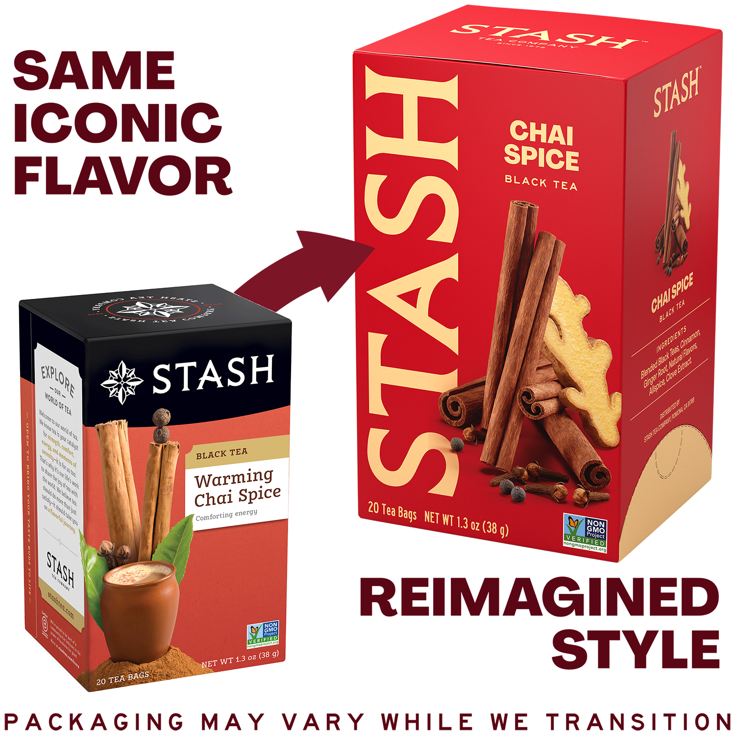A promotional comparison graphic for Stash chai spice tea boxes. On the left, a smaller Stash Warming Chai Spice box is shown with text reading 'SAME ICONIC FLAVOR.