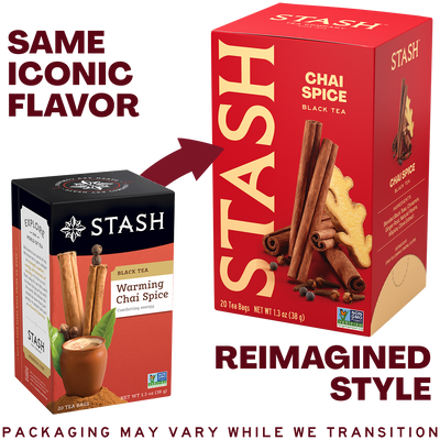 A promotional comparison graphic for Stash chai spice tea boxes. On the left, a smaller Stash Warming Chai Spice box is shown with text reading 'SAME ICONIC FLAVOR.