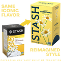 A promotional comparison graphic showing two Stash chamomile herbal tea boxes. The left box is labeled 'SAME ICONIC FLAVOR' and is smaller, while the right box is larger and labeled 'REIMAGINED STYLE.