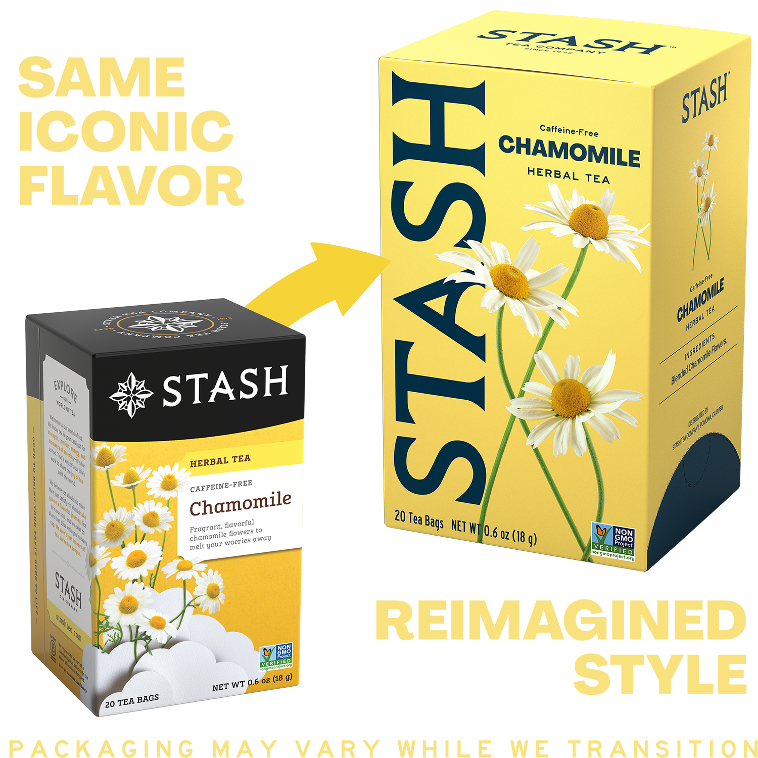 A promotional comparison graphic showing two Stash chamomile herbal tea boxes. The left box is labeled 'SAME ICONIC FLAVOR' and is smaller, while the right box is larger and labeled 'REIMAGINED STYLE.