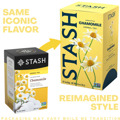 A promotional comparison graphic showing two Stash chamomile herbal tea boxes. The left box is labeled 'SAME ICONIC FLAVOR' and is smaller, while the right box is larger and labeled 'REIMAGINED STYLE.
