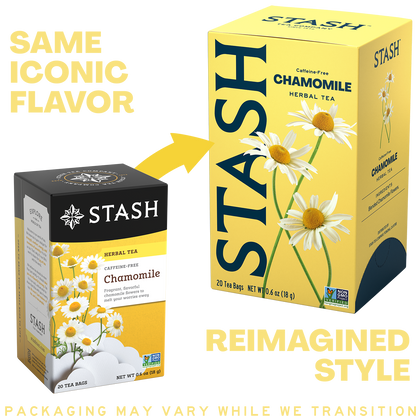 A promotional comparison graphic showing two Stash chamomile herbal tea boxes. The left box is labeled 'SAME ICONIC FLAVOR' and is smaller, while the right box is larger and labeled 'REIMAGINED STYLE.