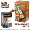 A promotional graphic for Stash herbal tea showing the old packaging on the left and a redesigned version on the right. The text says 'SAME ICONIC FLAVOR' and 'REIMAGINED STYLE.