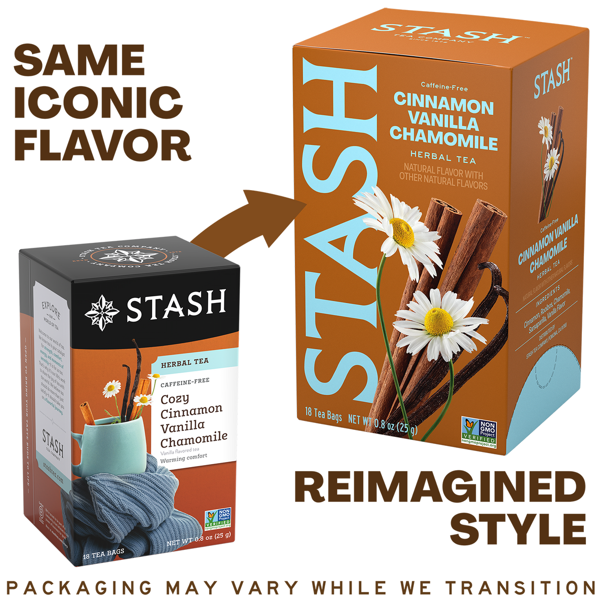 A promotional graphic for Stash herbal tea showing the old packaging on the left and a redesigned version on the right. The text says 'SAME ICONIC FLAVOR' and 'REIMAGINED STYLE.