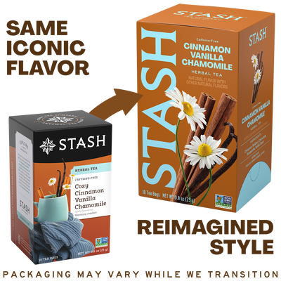 A promotional graphic for Stash herbal tea showing the old packaging on the left and a redesigned version on the right. The text says 'SAME ICONIC FLAVOR' and 'REIMAGINED STYLE.