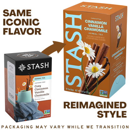 A promotional graphic for Stash herbal tea showing the old packaging on the left and a redesigned version on the right. The text says 'SAME ICONIC FLAVOR' and 'REIMAGINED STYLE.