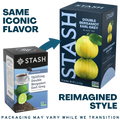 A promotional graphic showing two Stash tea boxes on a white background with text reading 'SAME ICONIC FLAVOR' and 'REIMAGINED STYLE.' The left box is the old packaging style, and the right box is the new packaging style.