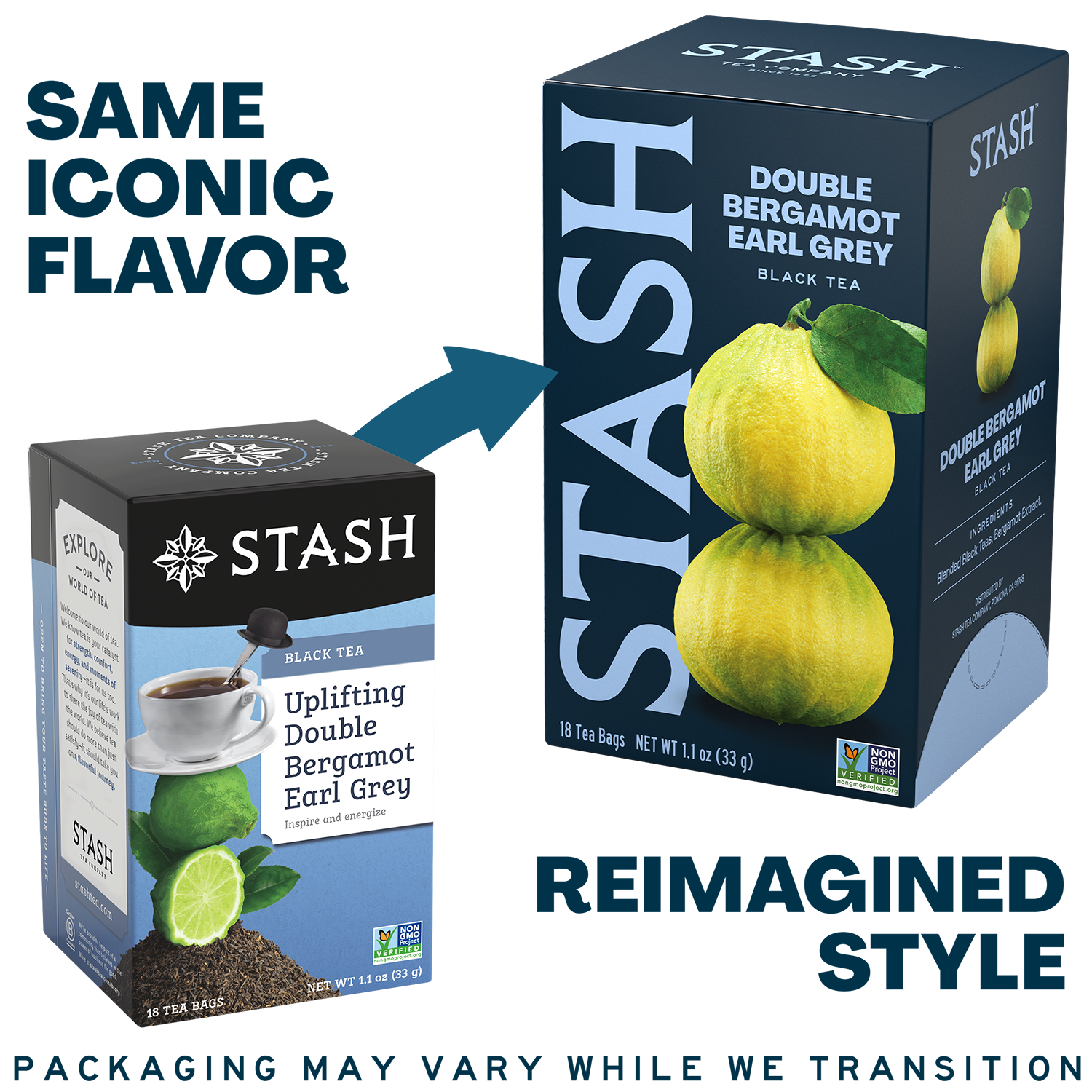 A promotional graphic showing two Stash tea boxes on a white background with text reading 'SAME ICONIC FLAVOR' and 'REIMAGINED STYLE.' The left box is the old packaging style, and the right box is the new packaging style.
