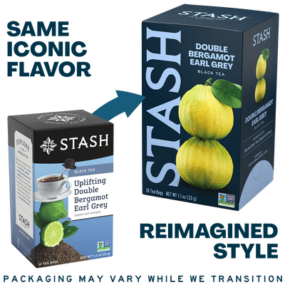 A promotional graphic showing two Stash tea boxes on a white background with text reading 'SAME ICONIC FLAVOR' and 'REIMAGINED STYLE.' The left box is the old packaging style, and the right box is the new packaging style.