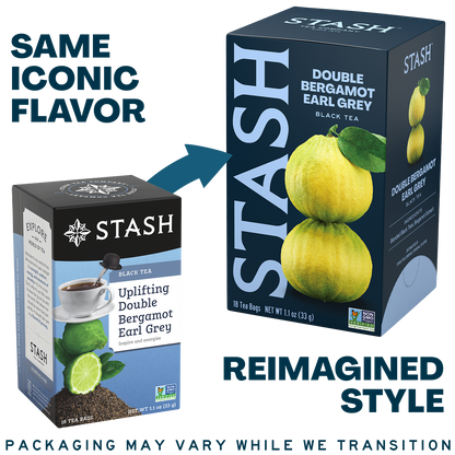 A promotional graphic showing two Stash tea boxes on a white background with text reading 'SAME ICONIC FLAVOR' and 'REIMAGINED STYLE.' The left box is the old packaging style, and the right box is the new packaging style.