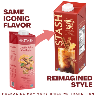 A comparison graphic showing two Stash Double Spice Chai Latte cartons on a white background, with text reading 'SAME ICONIC FLAVOR' and 'REIMAGINED STYLE.' The left carton is a smaller pinkish-red version, and the right carton is a taller red version with a white cap and a printed beverage image on the front.