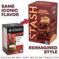 A promotional graphic showing two Stash Double Spice Chai tea boxes side by side, with text reading 'SAME ICONIC FLAVOR' and 'REIMAGINED STYLE.' The left box is the old style with a black top band and smaller front panel; the right box is the new style with a larger front panel, cinnamon and ginger imagery, and vertical STASH branding.