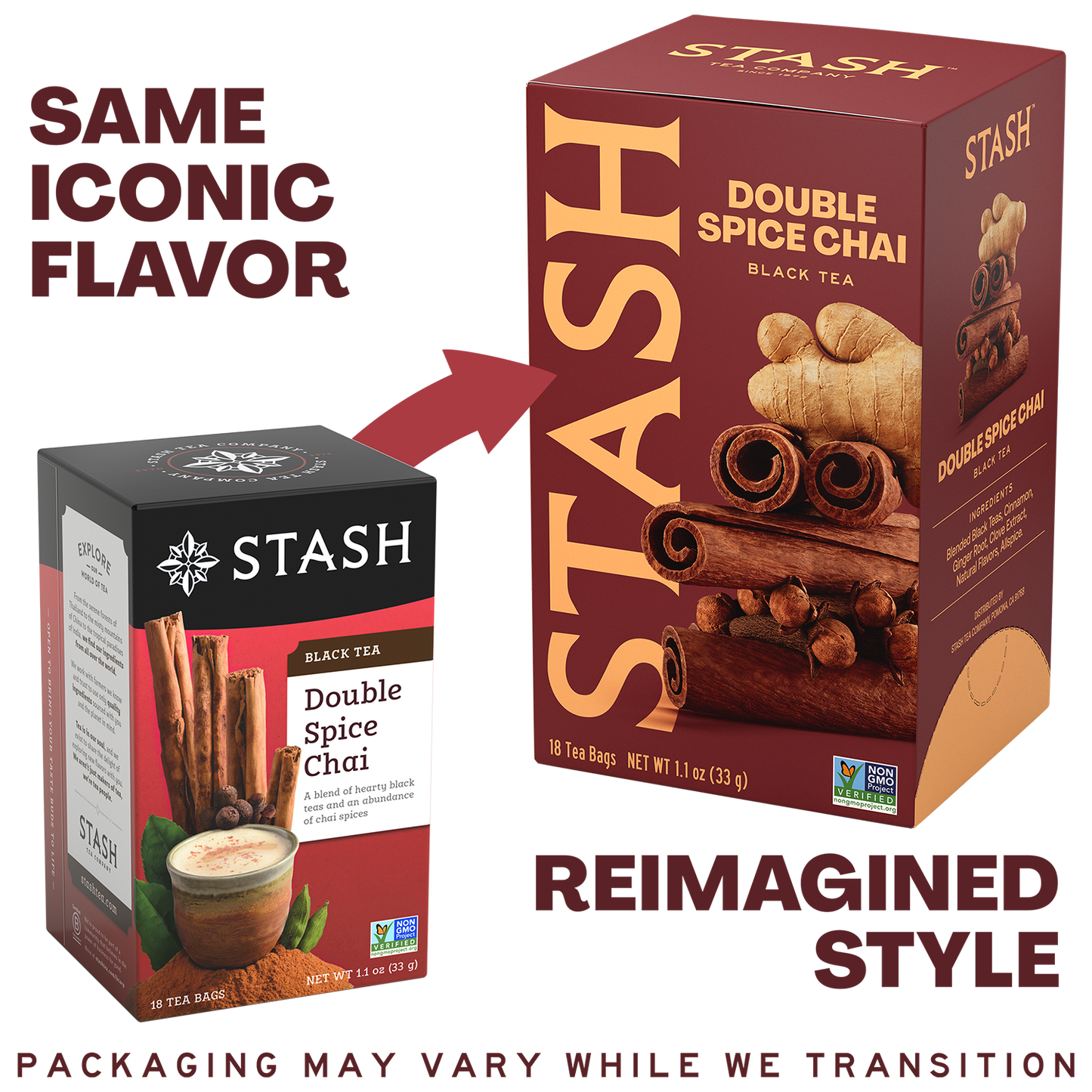 A promotional graphic showing two Stash Double Spice Chai tea boxes side by side, with text reading 'SAME ICONIC FLAVOR' and 'REIMAGINED STYLE.' The left box is the old style with a black top band and smaller front panel; the right box is the new style with a larger front panel, cinnamon and ginger imagery, and vertical STASH branding.