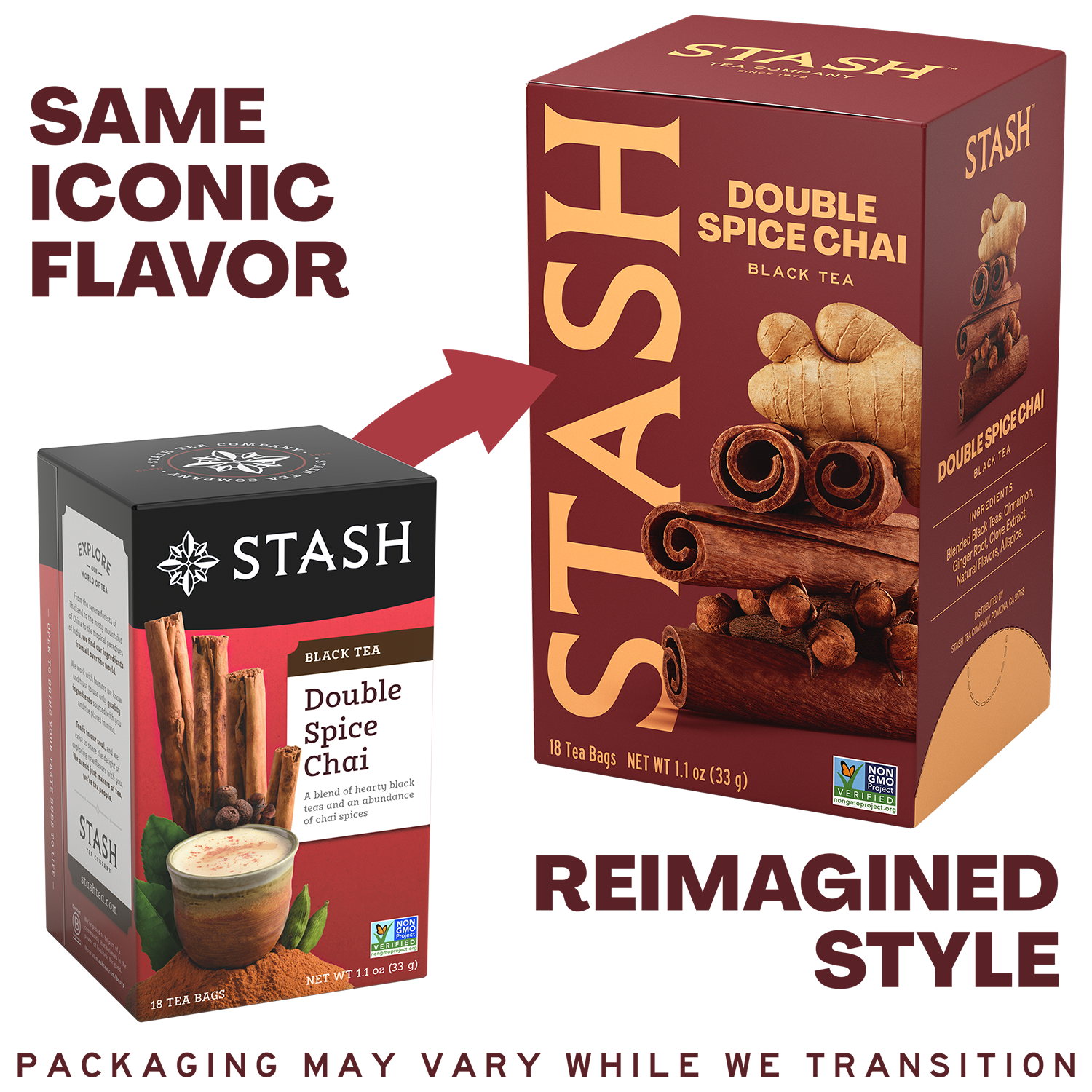 A promotional graphic showing two Stash Double Spice Chai tea boxes side by side, with text reading 'SAME ICONIC FLAVOR' and 'REIMAGINED STYLE.' The left box is the old style with a black top band and smaller front panel; the right box is the new style with a larger front panel, cinnamon and ginger imagery, and vertical STASH branding.