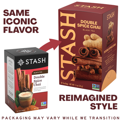 A promotional graphic showing two Stash Double Spice Chai tea boxes side by side, with text reading 'SAME ICONIC FLAVOR' and 'REIMAGINED STYLE.' The left box is the old style with a black top band and smaller front panel; the right box is the new style with a larger front panel, cinnamon and ginger imagery, and vertical STASH branding.