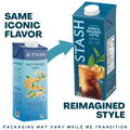A promotional graphic showing two Stash beverage cartons side by side on a white background. The left carton is smaller and labeled 'SAME ICONIC FLAVOR,' while the right carton is larger and labeled 'REIMAGINED STYLE.