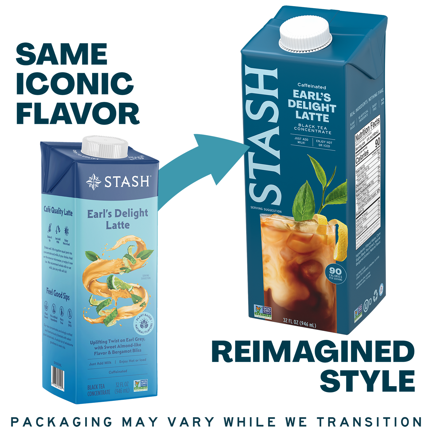 A promotional graphic showing two Stash beverage cartons side by side on a white background. The left carton is smaller and labeled 'SAME ICONIC FLAVOR,' while the right carton is larger and labeled 'REIMAGINED STYLE.