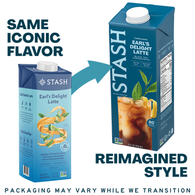 A promotional graphic showing two Stash beverage cartons side by side on a white background. The left carton is smaller and labeled 'SAME ICONIC FLAVOR,' while the right carton is larger and labeled 'REIMAGINED STYLE.