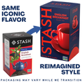 A promotional graphic for Stash tea packaging showing a small English Breakfast tea box with a red-and-black label and a large matching retail box behind it. Text reads 'SAME ICONIC FLAVOR' and 'REIMAGINED STYLE,' with a blue arrow pointing from the small box to the larger box.