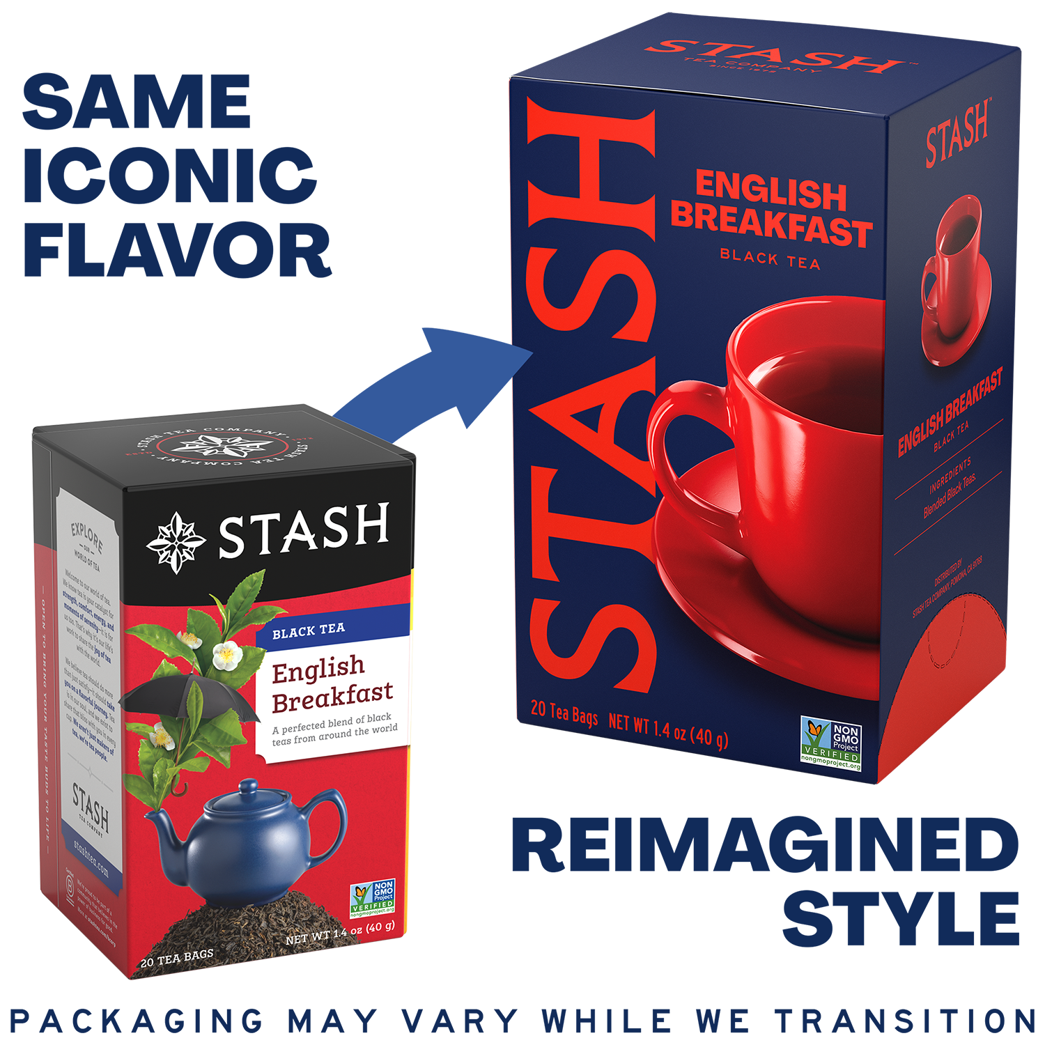 A promotional graphic for Stash tea packaging showing a small English Breakfast tea box with a red-and-black label and a large matching retail box behind it. Text reads 'SAME ICONIC FLAVOR' and 'REIMAGINED STYLE,' with a blue arrow pointing from the small box to the larger box.