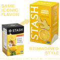 A promotional comparison graphic for Stash lemon ginger herbal tea showing a small black-and-yellow tea box on the left and a larger yellow box on the right with the words 'SAME ICONIC FLAVOR' and 'REIMAGINED STYLE.' The right box features a large Stash logo, lemon and ginger illustrations, and flavor text.