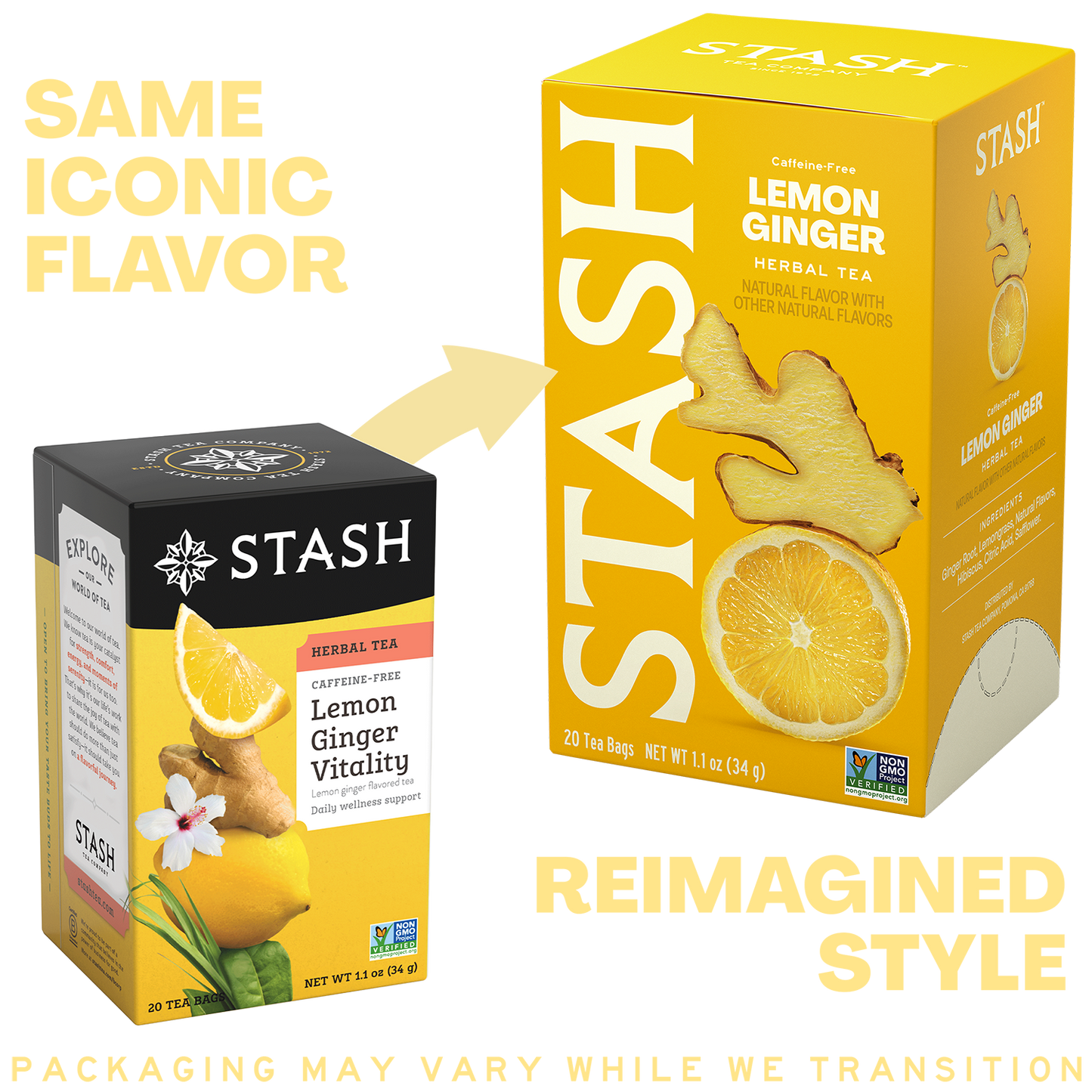 A promotional comparison graphic for Stash lemon ginger herbal tea showing a small black-and-yellow tea box on the left and a larger yellow box on the right with the words 'SAME ICONIC FLAVOR' and 'REIMAGINED STYLE.' The right box features a large Stash logo, lemon and ginger illustrations, and flavor text.