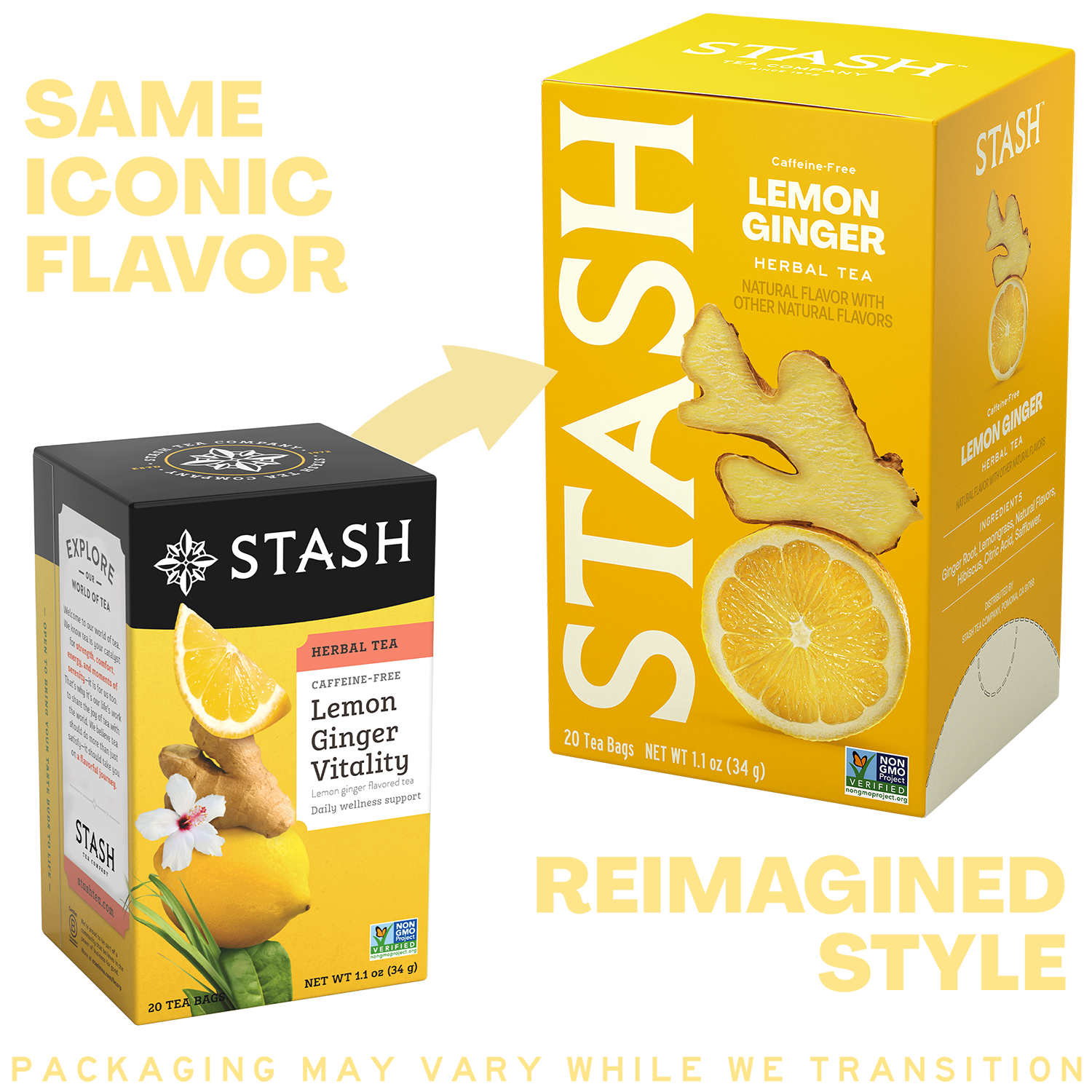 A promotional comparison graphic for Stash lemon ginger herbal tea showing a small black-and-yellow tea box on the left and a larger yellow box on the right with the words 'SAME ICONIC FLAVOR' and 'REIMAGINED STYLE.' The right box features a large Stash logo, lemon and ginger illustrations, and flavor text.