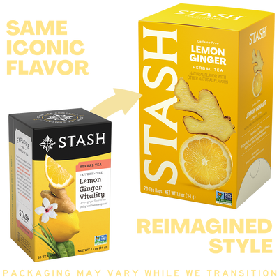 A promotional comparison graphic for Stash lemon ginger herbal tea showing a small black-and-yellow tea box on the left and a larger yellow box on the right with the words 'SAME ICONIC FLAVOR' and 'REIMAGINED STYLE.' The right box features a large Stash logo, lemon and ginger illustrations, and flavor text.