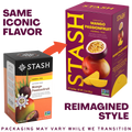 A promotional comparison graphic for Stash herbal tea packaging, showing the old style small mango passionfruit box on the left and a larger reimaged style box on the right. Large text reads 'SAME ICONIC FLAVOR' and 'REIMAGINED STYLE,' with a fruit illustration and flavor name Mango Passionfruit on both boxes.